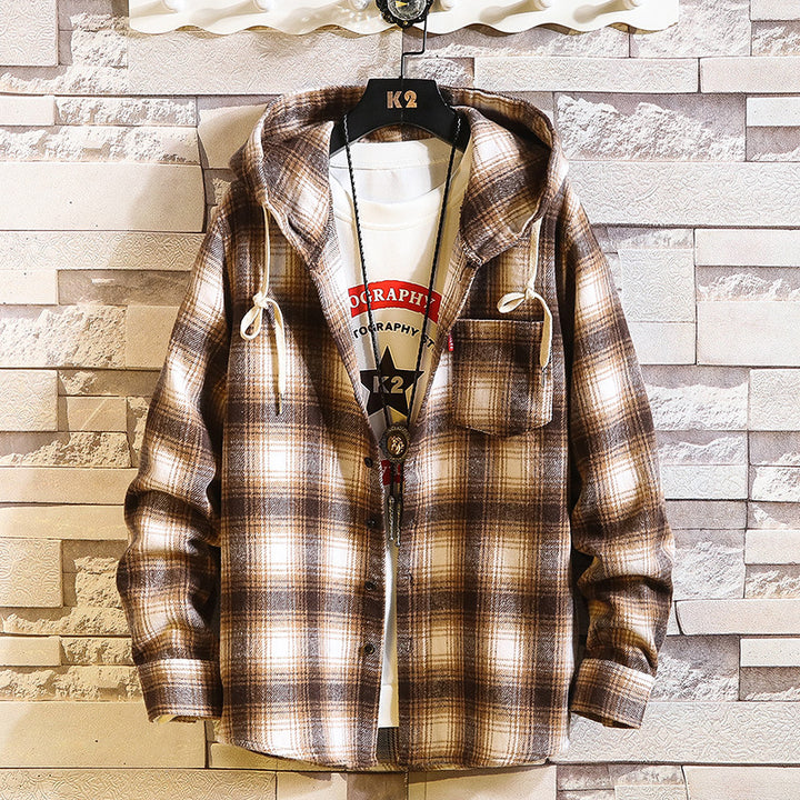 Herren Kariertes Overshirt-Hoodie aus Flanell mit Kapuze und Brusttasche Echo Archiv