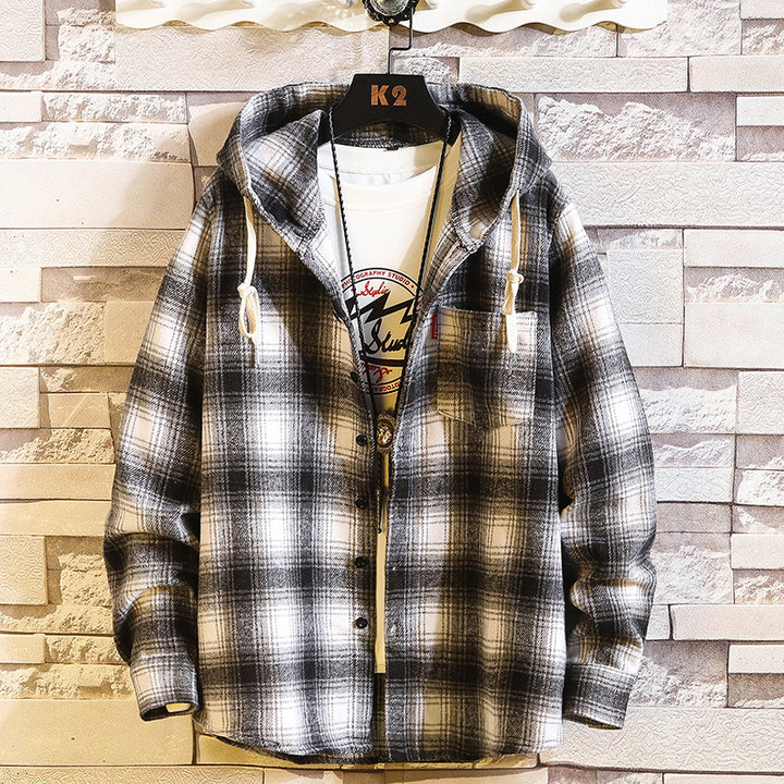 Herren Kariertes Overshirt-Hoodie aus Flanell mit Kapuze und Brusttasche Echo Archiv