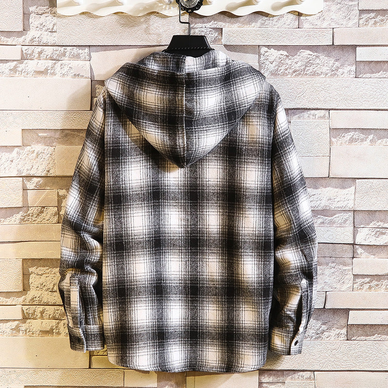 Herren Kariertes Overshirt-Hoodie aus Flanell mit Kapuze und Brusttasche Echo Archiv