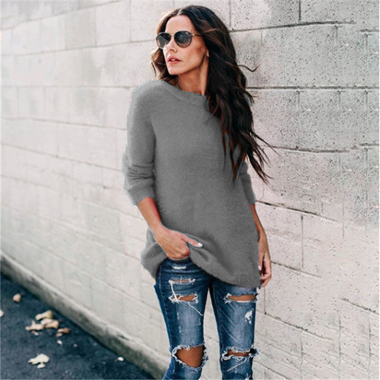 Damen nan kuscheliger Oversize-Strickpullover mit Rundhalsausschnitt Hoch-Tief-Saum und Seitenschlitzen Echo Archiv