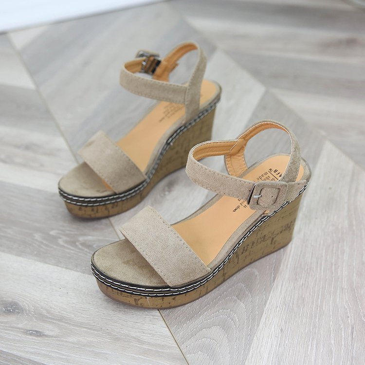Damen nan Keilabsatzsandalen mit Korkplateau, verstellbarem Schnallenriemen und gekreuzten Wildlederriemen Echo Archiv