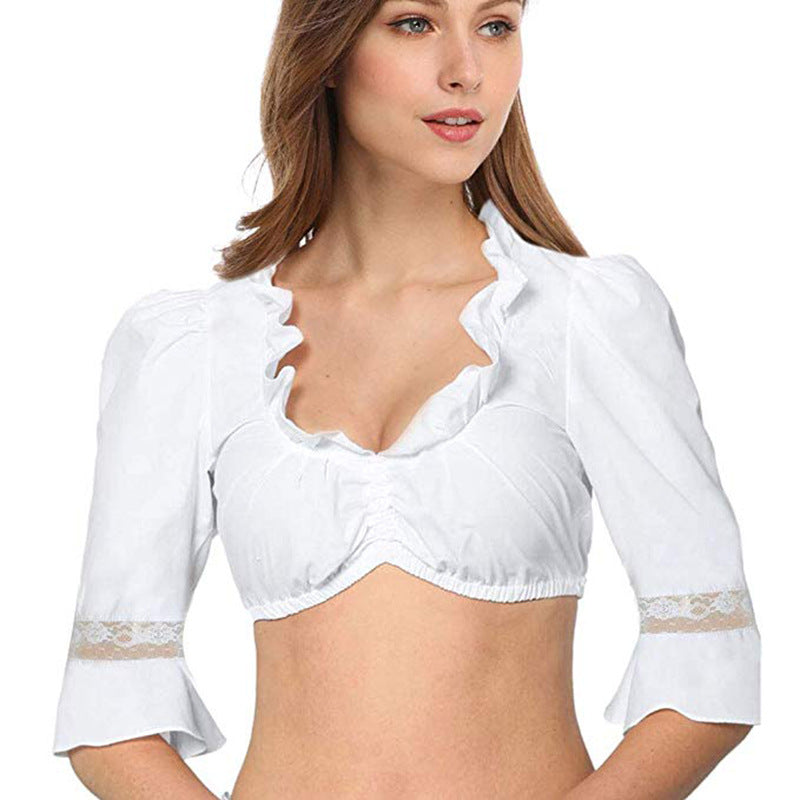 Damen  traditionelle Dirndlbluse mit Rüschenausschnitt und Spitzenbesatz sowie dreiviertelärmel Echo Archiv