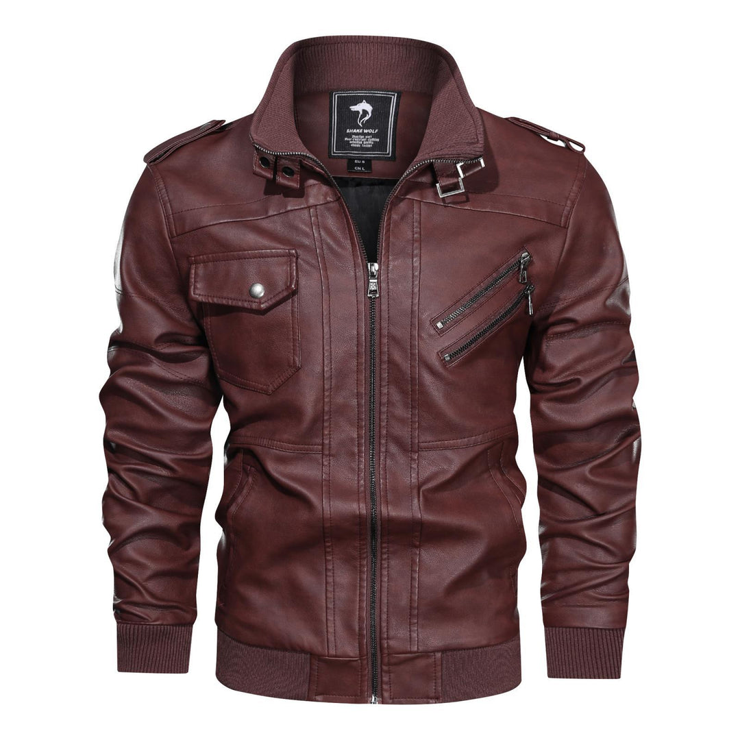 Herren Lederjacke im Biker-Stil mit Stehkragen, Reißverschluss-Taschen und elastischen Bündchen Echoarchiv