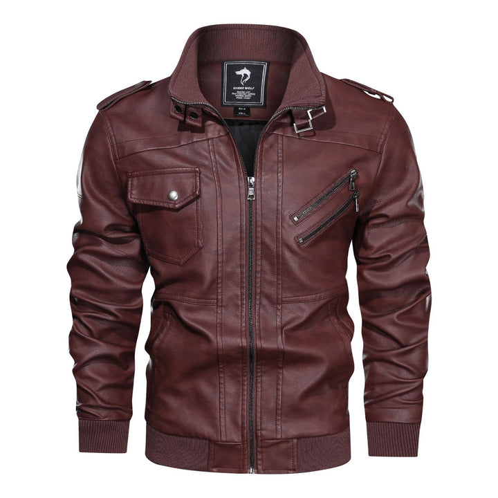 Herren Lederjacke im Biker-Stil mit Stehkragen, Reißverschluss-Taschen und elastischen Bündchen Echoarchiv