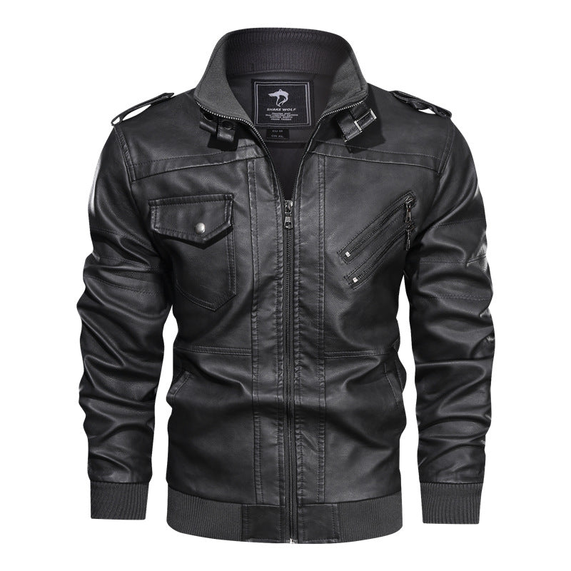 Herren Lederjacke im Biker-Stil mit Stehkragen, Reißverschluss-Taschen und elastischen Bündchen Echoarchiv