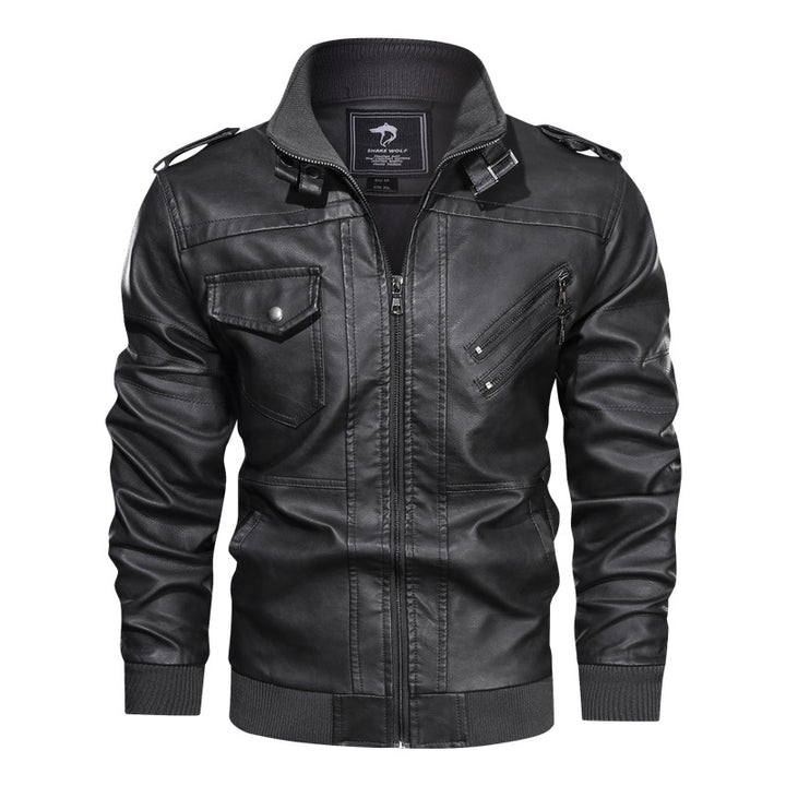 Herren Lederjacke im Biker-Stil mit Stehkragen, Reißverschluss-Taschen und elastischen Bündchen Echoarchiv
