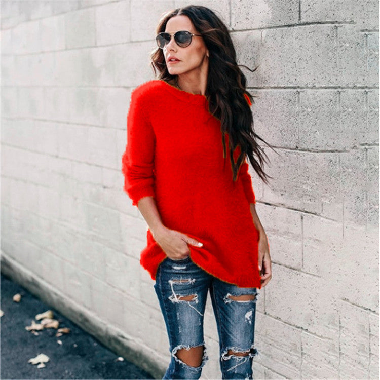 Damen nan kuscheliger Oversize-Strickpullover mit Rundhalsausschnitt Hoch-Tief-Saum und Seitenschlitzen Echo Archiv