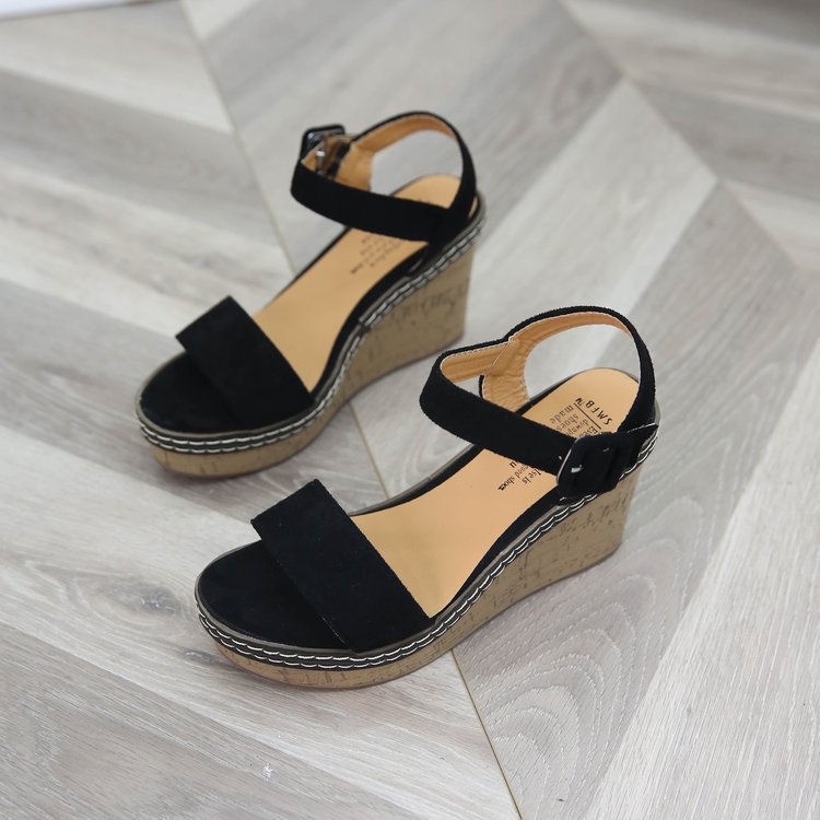 Damen nan Keilabsatzsandalen mit Korkplateau, verstellbarem Schnallenriemen und gekreuzten Wildlederriemen Echo Archiv