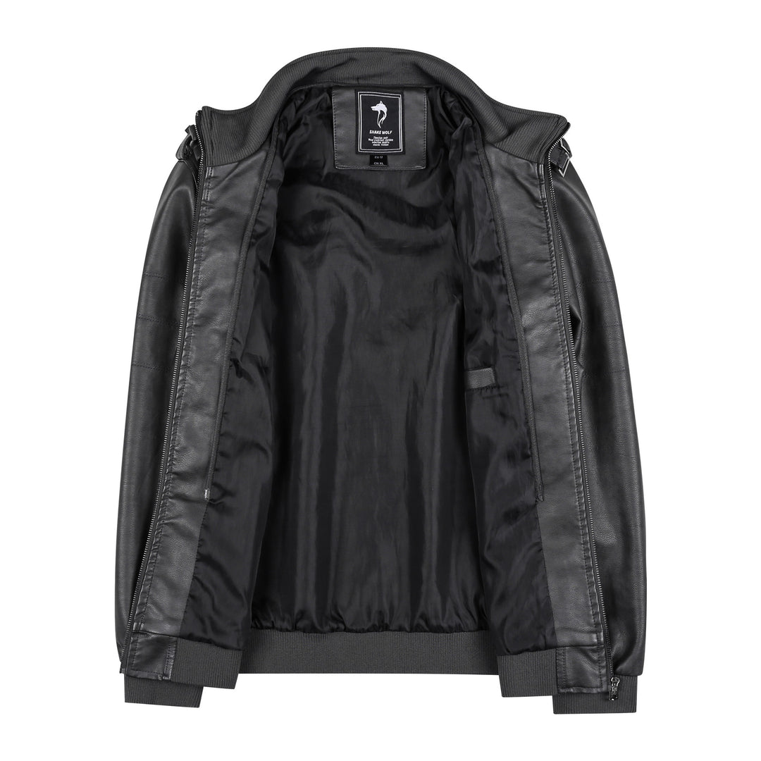 Herren Lederjacke im Biker-Stil mit Stehkragen, Reißverschluss-Taschen und elastischen Bündchen Echoarchiv