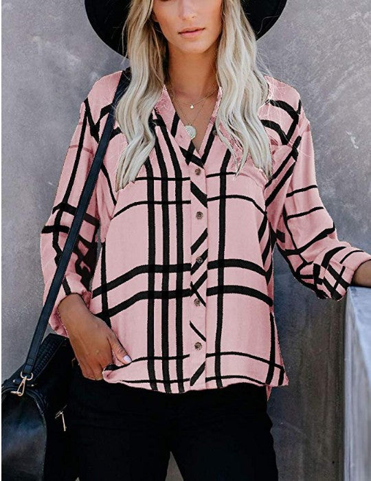 Damen Oversize-Hemdbluse mit Karomuster, Brusttasche und umkrempelbaren Ärmeln – Élovi