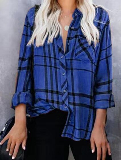 Damen Oversize-Hemdbluse mit Karomuster, Brusttasche und umkrempelbaren Ärmeln – Élovi