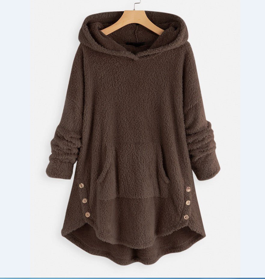 Damen nan kuscheliger Teddy-Kapuzenpullover mit Kängurutasche, Knopfleiste an den Seiten und abgerundetem Saum Echo Archiv
