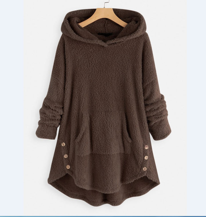 Damen nan kuscheliger Teddy-Kapuzenpullover mit Kängurutasche, Knopfleiste an den Seiten und abgerundetem Saum Echo Archiv