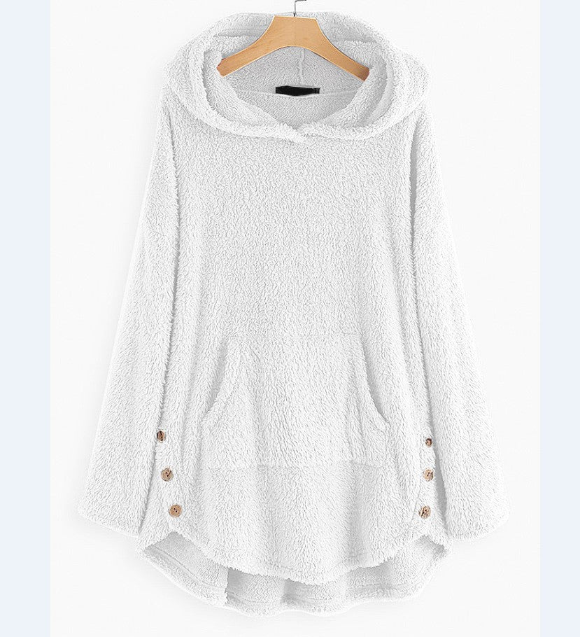 Damen nan kuscheliger Teddy-Kapuzenpullover mit Kängurutasche, Knopfleiste an den Seiten und abgerundetem Saum Echo Archiv