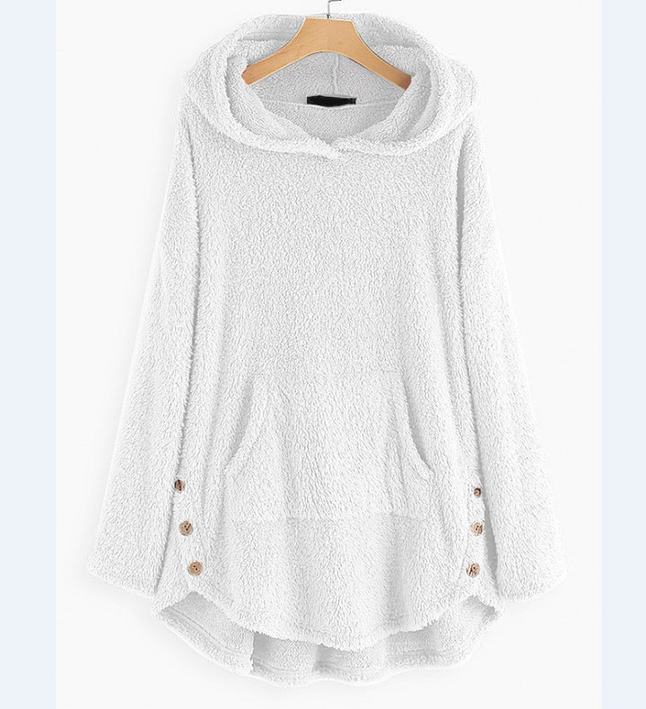 Damen nan kuscheliger Teddy-Kapuzenpullover mit Kängurutasche, Knopfleiste an den Seiten und abgerundetem Saum Echo Archiv