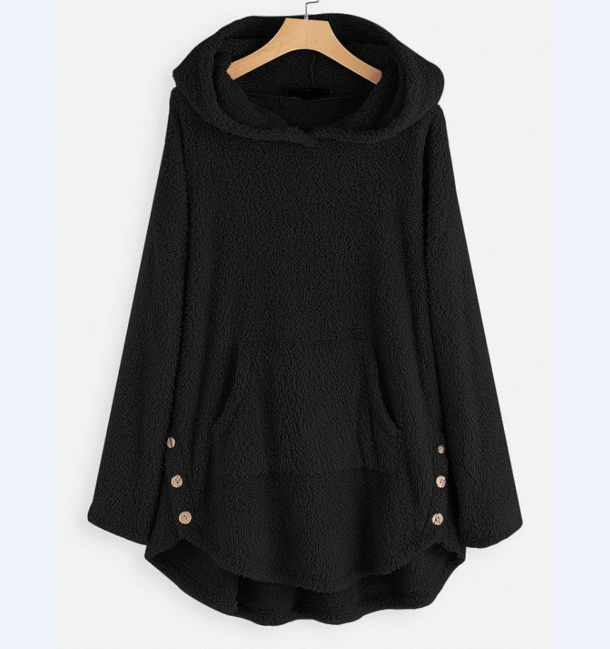 Damen nan kuscheliger Teddy-Kapuzenpullover mit Kängurutasche, Knopfleiste an den Seiten und abgerundetem Saum Echo Archiv