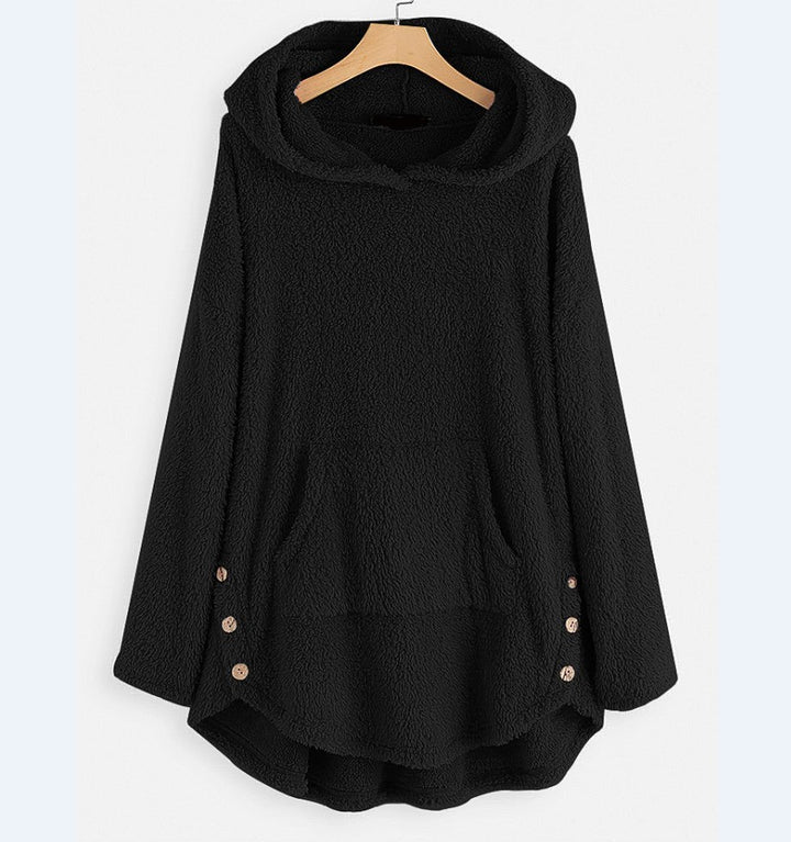 Damen nan kuscheliger Teddy-Kapuzenpullover mit Kängurutasche, Knopfleiste an den Seiten und abgerundetem Saum Echo Archiv