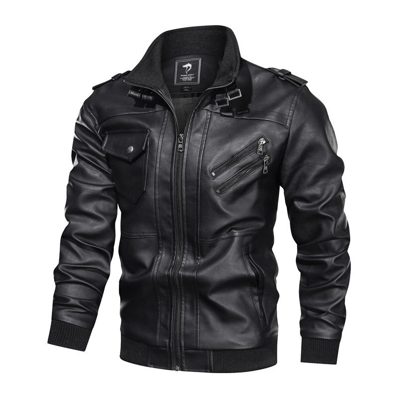 Herren Lederjacke im Biker-Stil mit Stehkragen, Reißverschluss-Taschen und elastischen Bündchen Echoarchiv