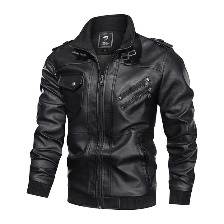Herren Lederjacke im Biker-Stil mit Stehkragen, Reißverschluss-Taschen und elastischen Bündchen Echoarchiv
