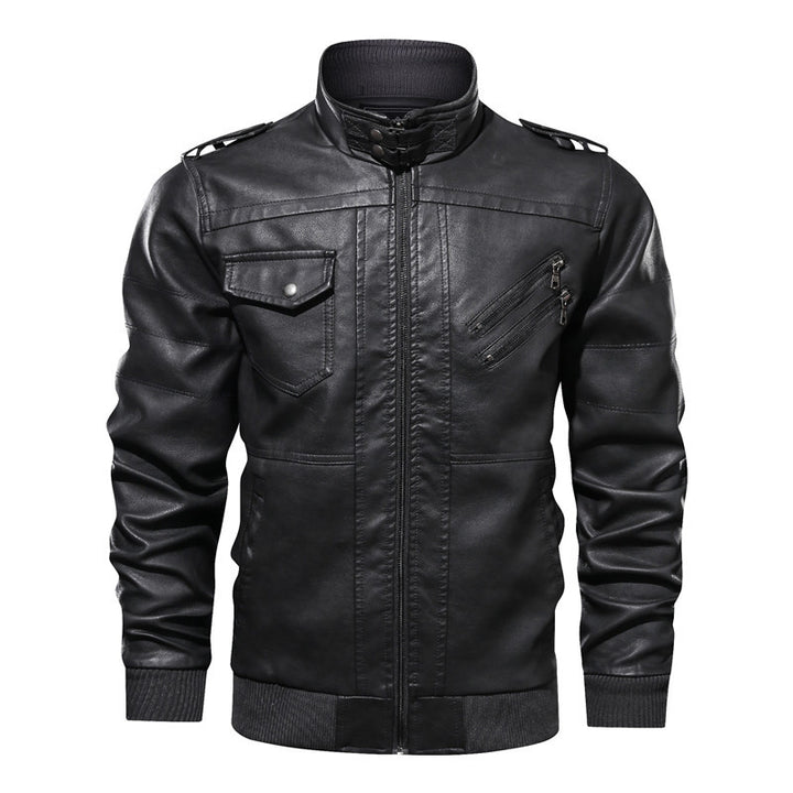 Herren Lederjacke im Biker-Stil mit Stehkragen, Reißverschluss-Taschen und elastischen Bündchen Echoarchiv