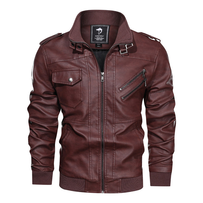Herren Lederjacke im Biker-Stil mit Stehkragen, Reißverschluss-Taschen und elastischen Bündchen Echoarchiv
