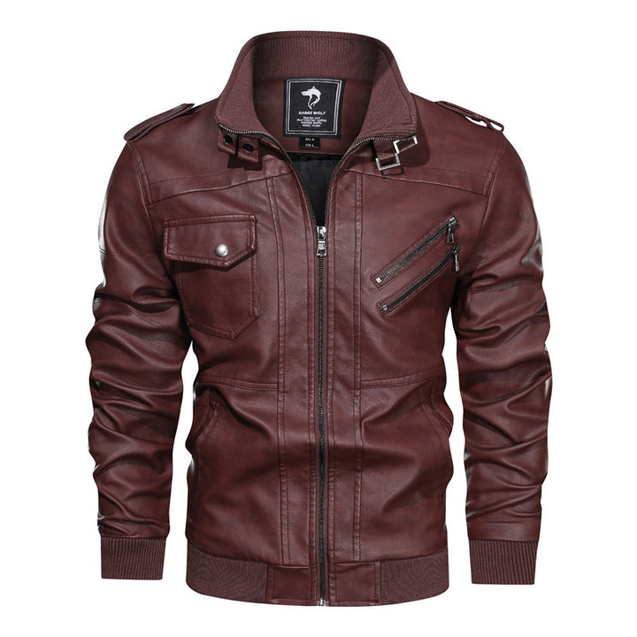 Herren Lederjacke im Biker-Stil mit Stehkragen, Reißverschluss-Taschen und elastischen Bündchen Echoarchiv