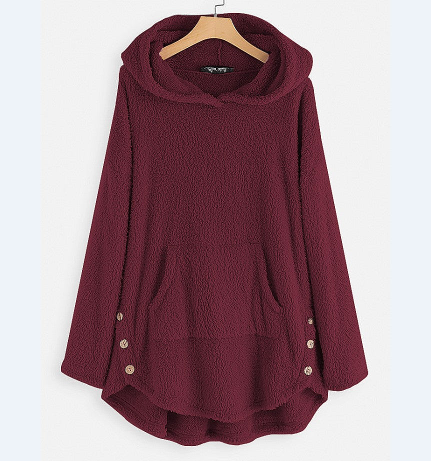Damen nan kuscheliger Teddy-Kapuzenpullover mit Kängurutasche, Knopfleiste an den Seiten und abgerundetem Saum Echo Archiv