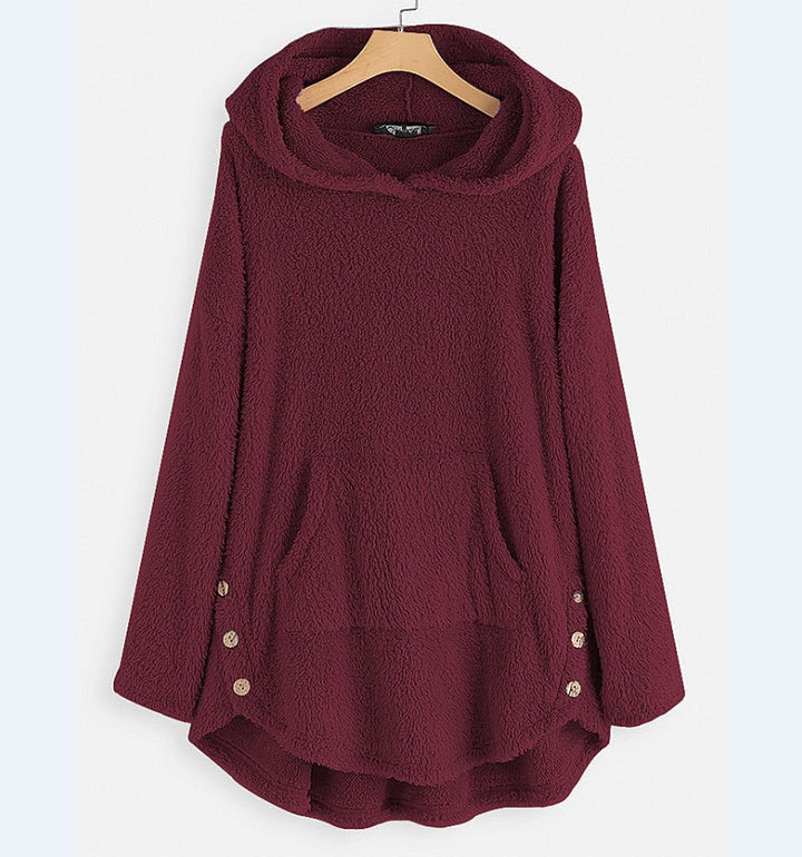 Damen nan kuscheliger Teddy-Kapuzenpullover mit Kängurutasche, Knopfleiste an den Seiten und abgerundetem Saum Echo Archiv