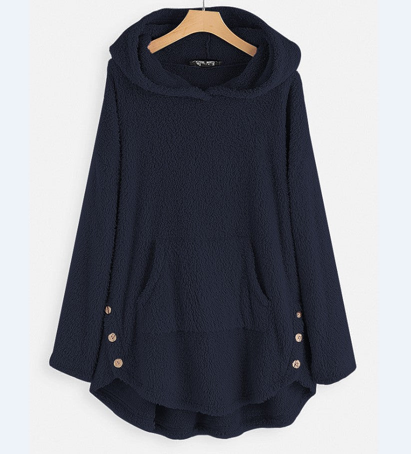 Damen nan kuscheliger Teddy-Kapuzenpullover mit Kängurutasche, Knopfleiste an den Seiten und abgerundetem Saum Echo Archiv