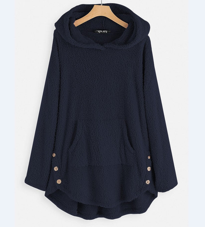 Damen nan kuscheliger Teddy-Kapuzenpullover mit Kängurutasche, Knopfleiste an den Seiten und abgerundetem Saum Echo Archiv