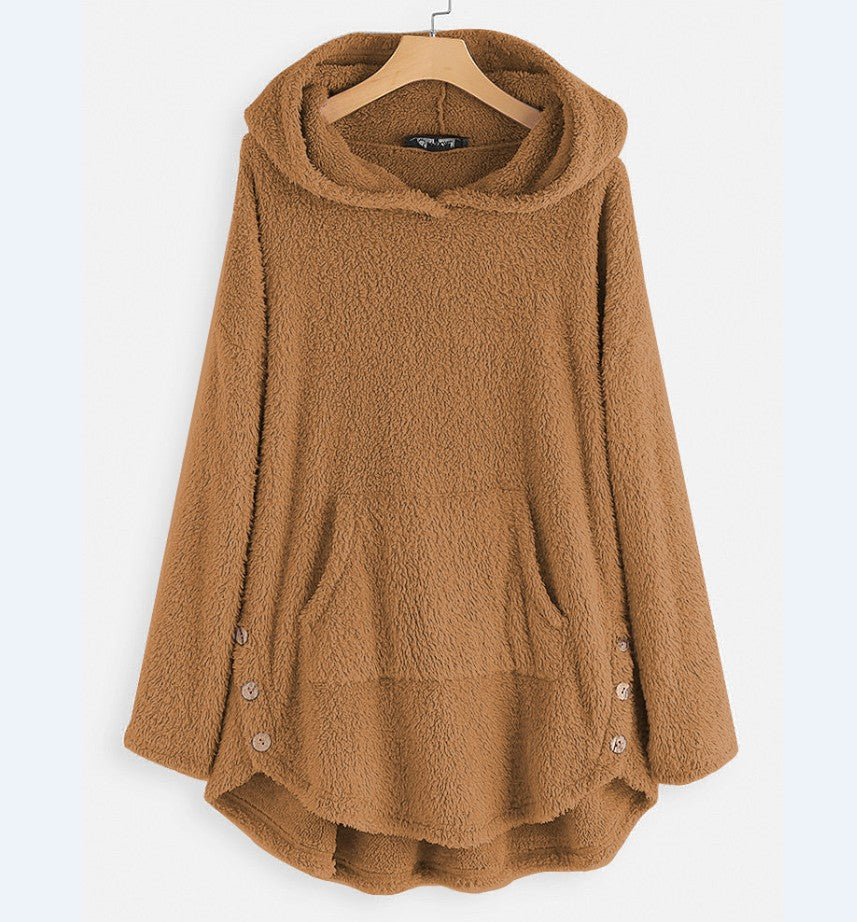 Damen nan kuscheliger Teddy-Kapuzenpullover mit Kängurutasche, Knopfleiste an den Seiten und abgerundetem Saum Echo Archiv