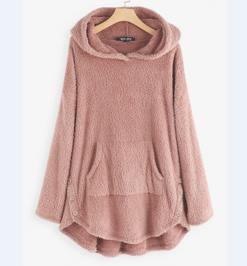 Damen nan kuscheliger Teddy-Kapuzenpullover mit Kängurutasche, Knopfleiste an den Seiten und abgerundetem Saum Echo Archiv