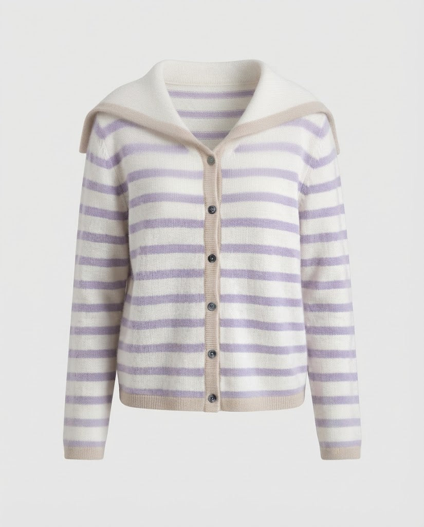 Damen Breton-inspirierter Kapuzen-Cardigan mit soften Feinstrickstreifen Echoarchiv