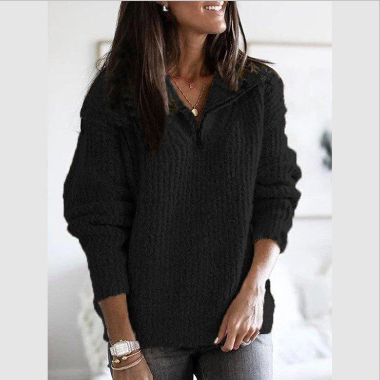 Damen nan weicher Strukturstrickpullover mit halbem Reißverschluss und Troyerkragen Echo Archiv