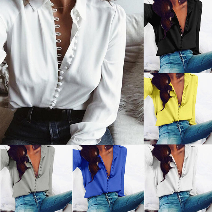 Damen nan seidige V-Bluse mit verdeckter Stoffknopfleiste und legerer Passform Echo Archiv