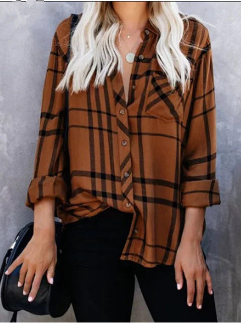 Damen Oversize-Hemdbluse mit Karomuster, Brusttasche und umkrempelbaren Ärmeln – Élovi