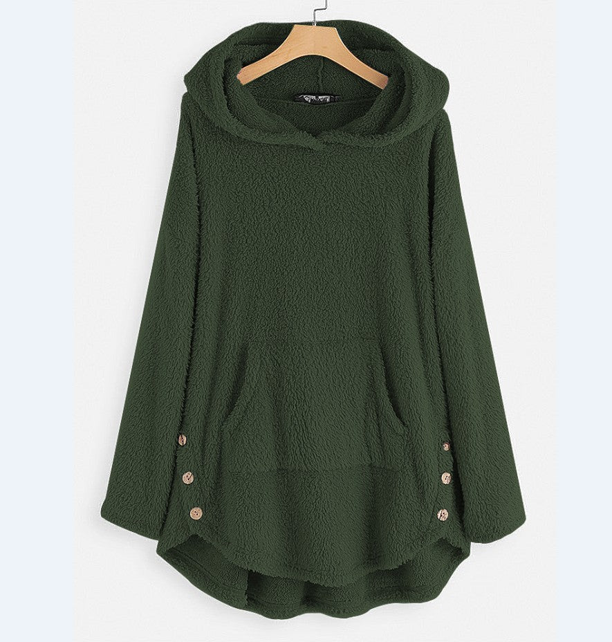 Damen nan kuscheliger Teddy-Kapuzenpullover mit Kängurutasche, Knopfleiste an den Seiten und abgerundetem Saum Echo Archiv