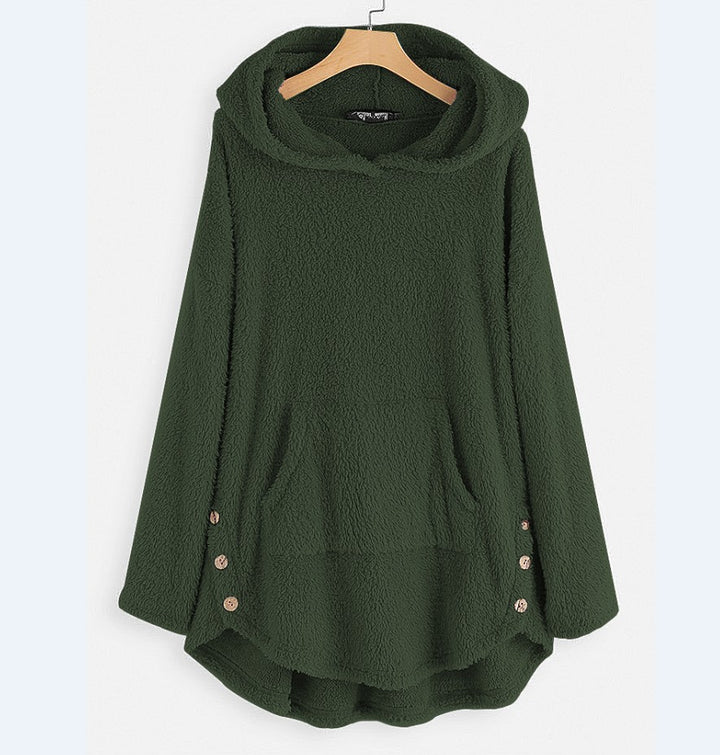 Damen nan kuscheliger Teddy-Kapuzenpullover mit Kängurutasche, Knopfleiste an den Seiten und abgerundetem Saum Echo Archiv