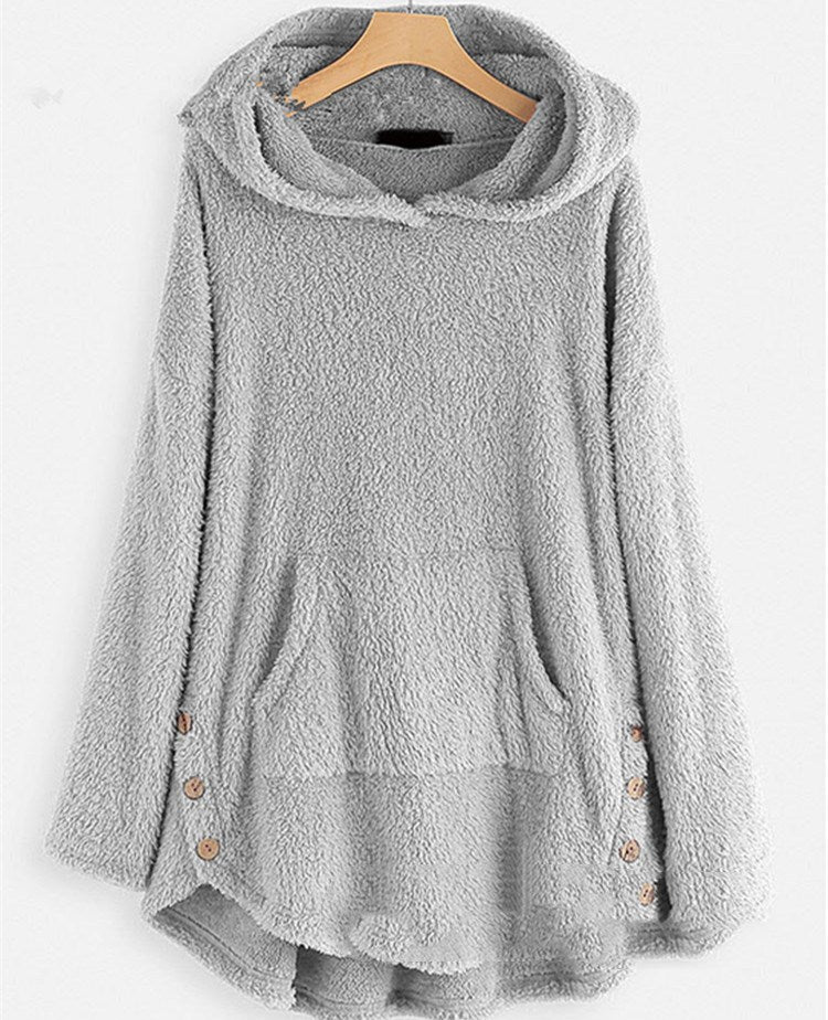 Damen nan kuscheliger Teddy-Kapuzenpullover mit Kängurutasche, Knopfleiste an den Seiten und abgerundetem Saum Echo Archiv