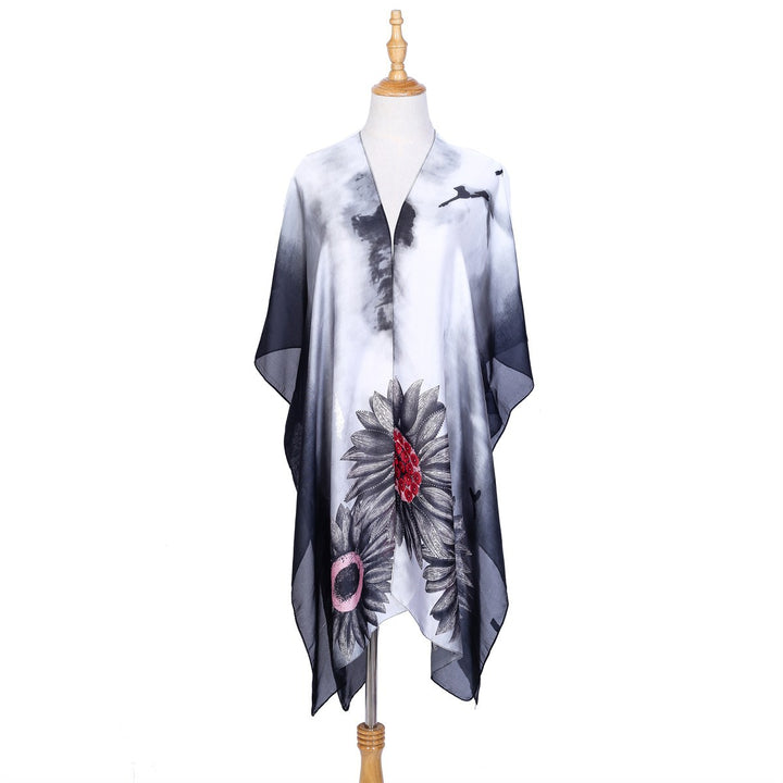 Damen Seidenähnlicher Kaftan-Überwurf mit großflächigem Sonnenblumenprint Echo Archiv