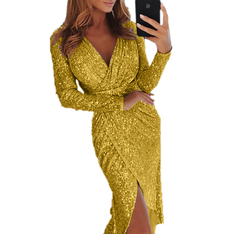 Damen nan glitzerndes Wickel-Midikleid mit V-Ausschnitt langen Ärmeln seitlichem Beinschlitz Echo Archiv