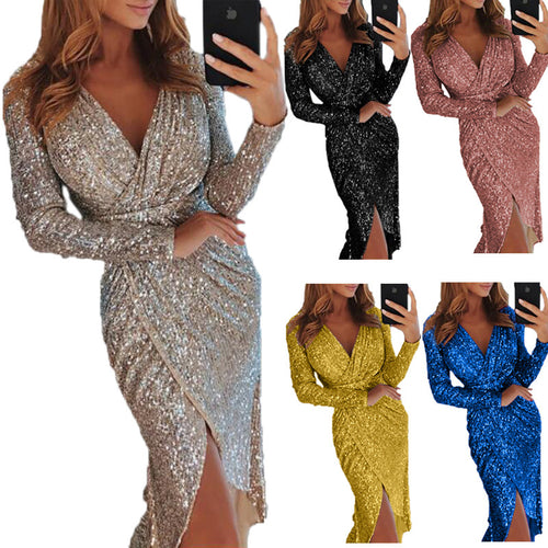 Damen nan glitzerndes Wickel-Midikleid mit V-Ausschnitt langen Ärmeln seitlichem Beinschlitz Echo Archiv