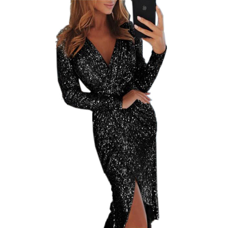 Damen nan glitzerndes Wickel-Midikleid mit V-Ausschnitt langen Ärmeln seitlichem Beinschlitz Echo Archiv