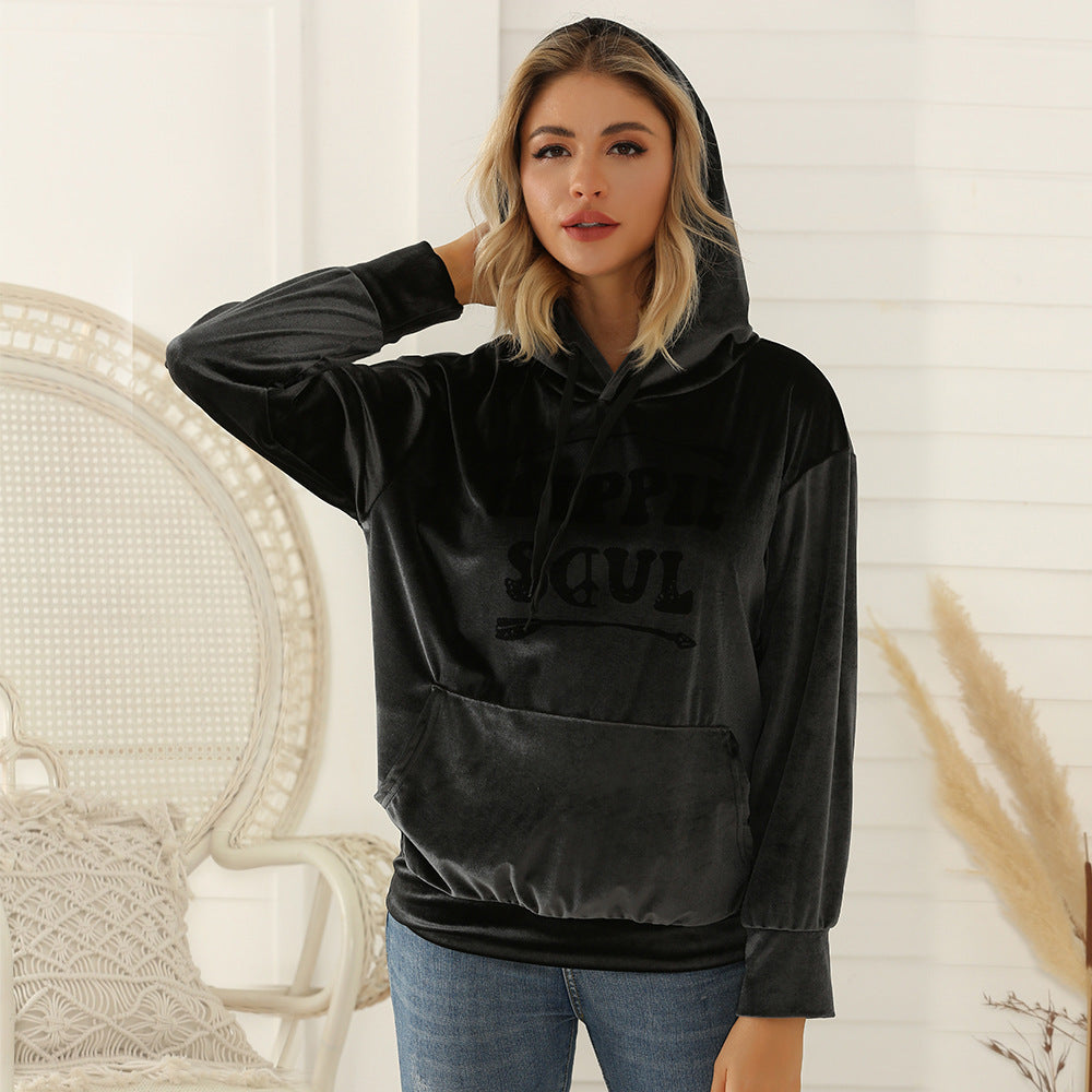 Damen Samt-Hoodie mit Kapuze, Kängurutasche & samtigem Logoprint Echoarchiv