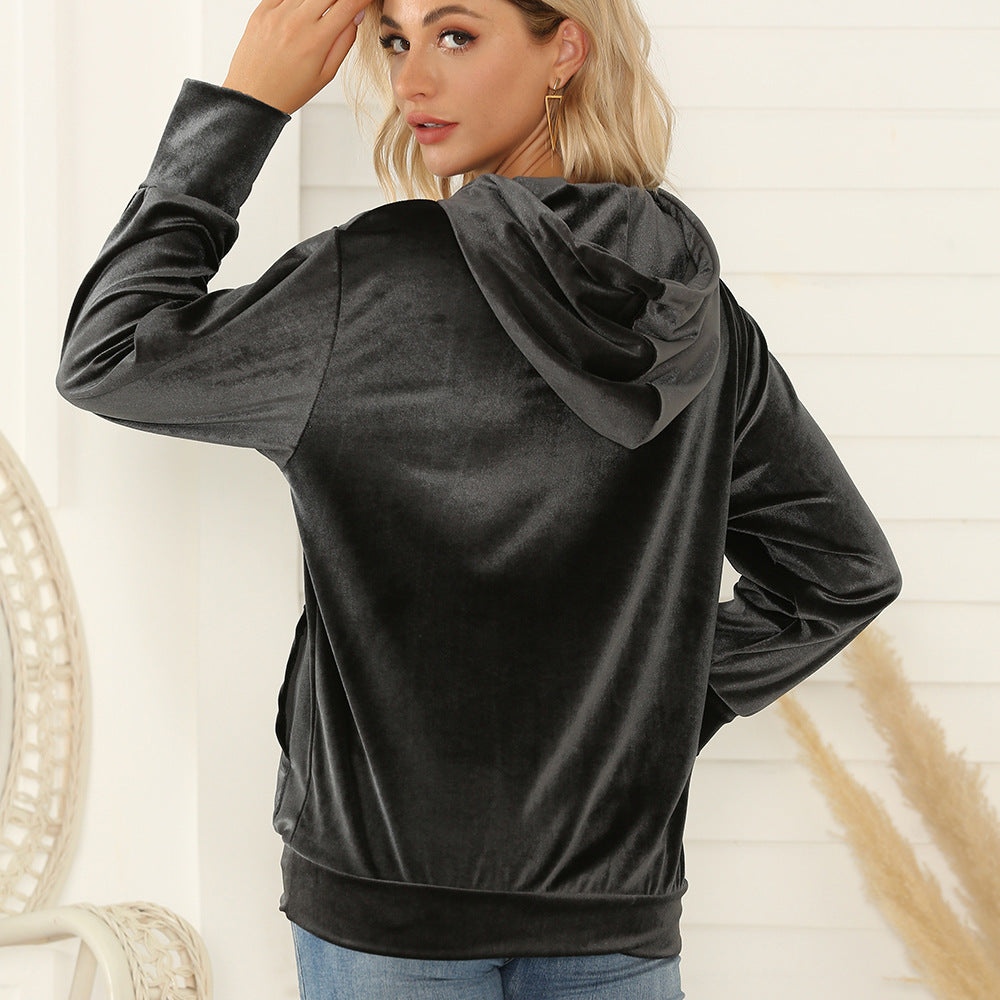 Damen Samt-Hoodie mit Kapuze, Kängurutasche & samtigem Logoprint Echoarchiv