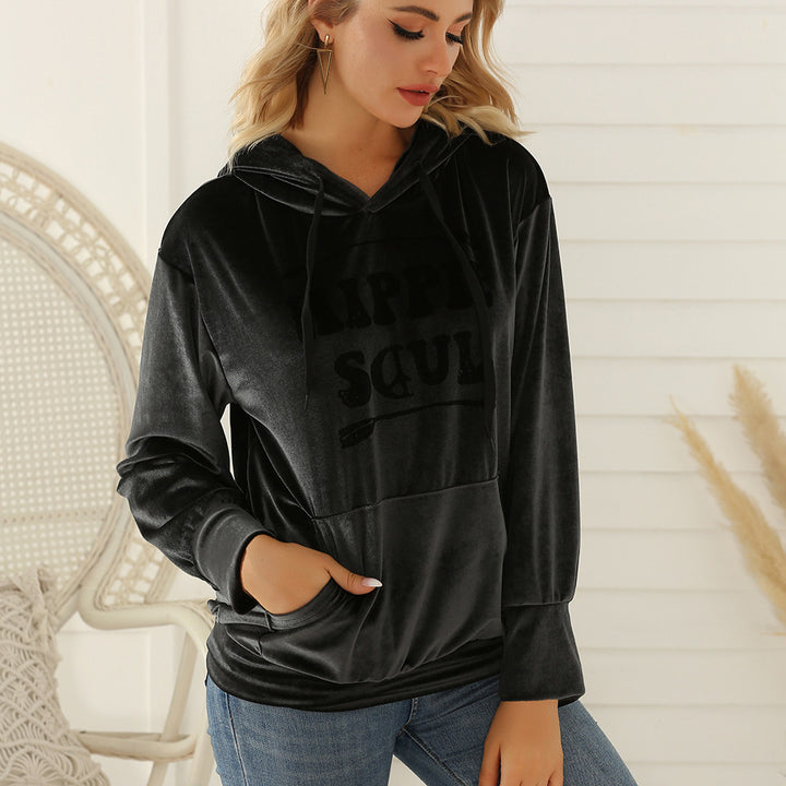Damen Samt-Hoodie mit Kapuze, Kängurutasche & samtigem Logoprint Echoarchiv