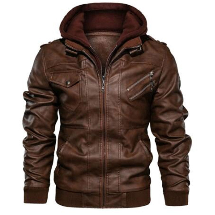 Herren Lässige Lederjacke mit Kapuze Echo Archiv