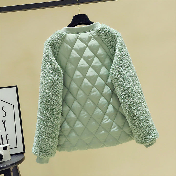Damen gesteppte Teddyjacke mit Sherpa-Ärmeln, durchgehendem Reißverschluss und aufgesetzten Taschen – Célinea