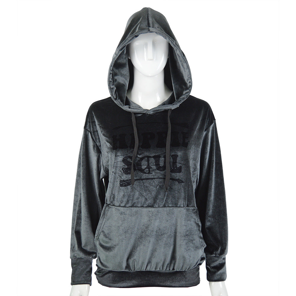 Damen Samt-Hoodie mit Kapuze, Kängurutasche & samtigem Logoprint Echoarchiv