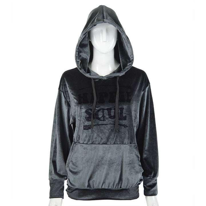 Damen Samt-Hoodie mit Kapuze, Kängurutasche & samtigem Logoprint Echoarchiv
